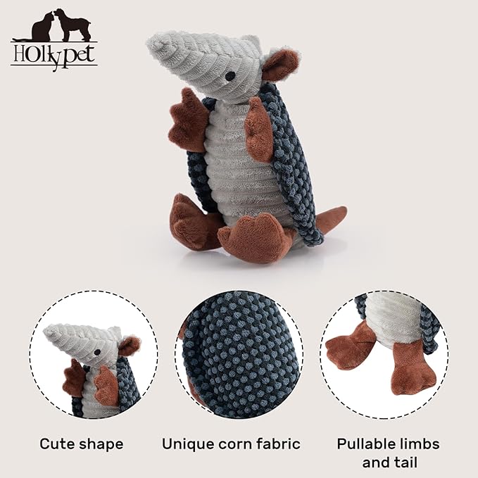 Hollypet Plush Dog Squeaky Toy Stuffed Armadillo Animal Pet Puppy Chew Toys with Clean Teeth for Small Medium Large All Breed Sizes Dogs, Dark Gray and Light Gray,8 in