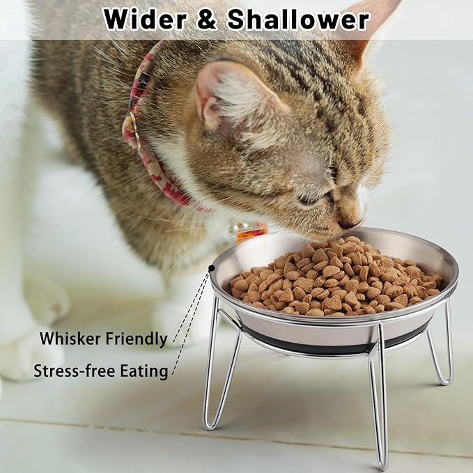 Cat Food Bowls, 2 Pcs Stainless Steel Cats Food and Water Whisker Fatigue Shallow Dishes, Small Dog Puppies Fat Faced Cat Kitten Supplies (2 Non-Slip Bowls with Stand)