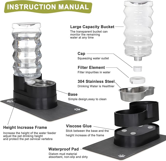 RIZZARI Dog Water Dispenser Bowl: 9L Large Black Automatic Stainless Steel Pet Feeder - for Dogs Good for Joint Health - Garden Garage