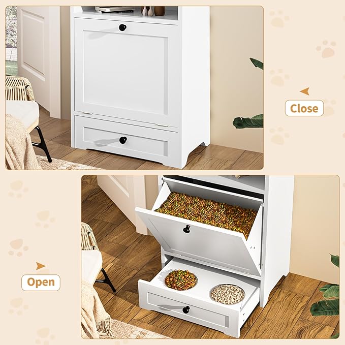 Dog Food Storage Cabinet and Feeding Station - Large Pet Food Organizer Furniture With Pull-Out Elevated 2 Sus304 Bowls for Feeding & Watering Supplies, White