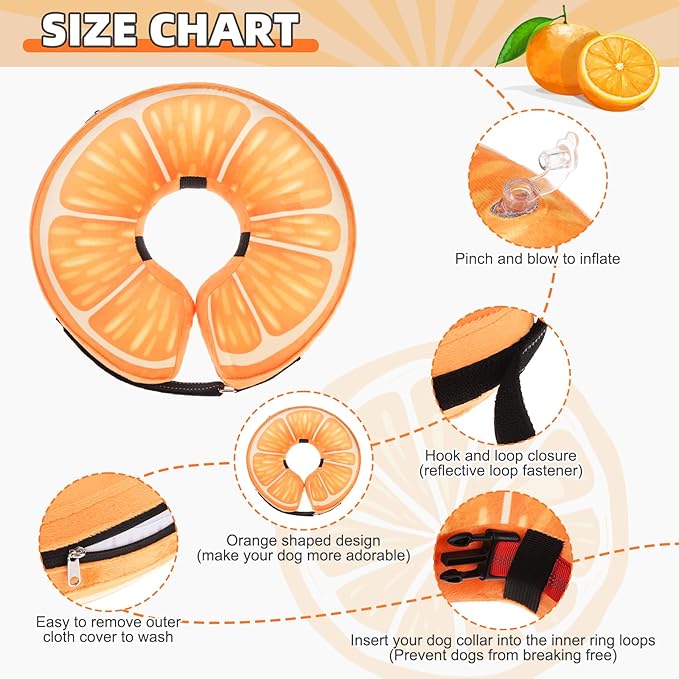 KOOLTAIL Inflatable Dog Cone Collar, Soft Dog Cone Alternative for Large Medium Small Dogs After Surgery, Cute Costume Adjustable Donut Neck Cone for Dogs Cats, Comfortable Recovery E Collar,Orange M