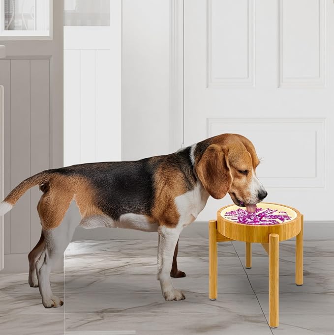 Raised Slow Feeder, Licking Mat/Pad - Suitable for Wet and Dry Dog Foods, Butter and Spreads - 10-inch High with Stand, 8.6-inch, Detachable Parts - Bamboo