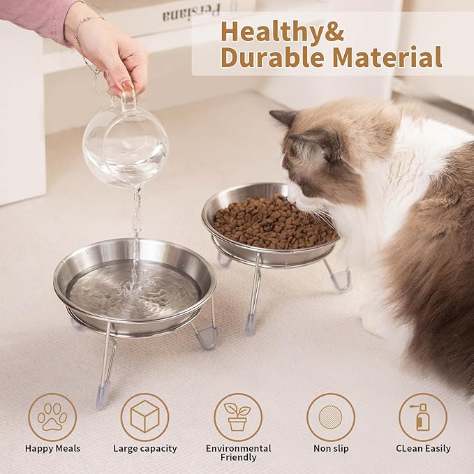 Elevated Cat Bowls,6.7" Extra Wide Raised Stainless Steel Cat Food Bowls with Anti-Slip Metal Stand Whisker Friendly Water Dishes for Indoor Cats and Small Dogs-1pack