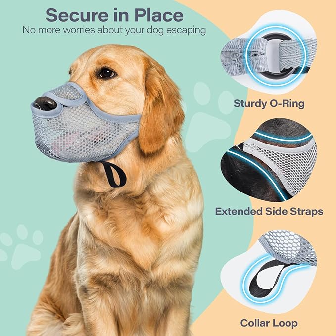 LUCKYPAW Dog Muzzle for Large Medium Small Dogs, Patented Mesh Muzzle to Prevent Biting Chewing Eating, Soft Mouth Guard with Front Opening Design for Drinking Panting(Grey, XXL)