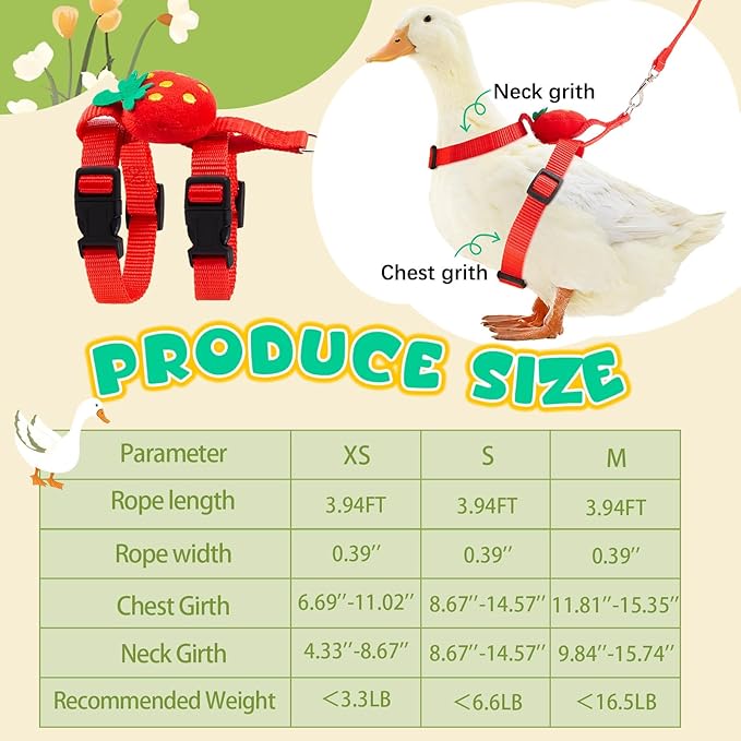 Duck Harness Leash Set Duck Harness and Leash for Real Ducks Adjustable Walking Rope Pet Cute Pattern Outdoor Traction Rope for Chicken Rabbit Small Animals(S,Strawberry)