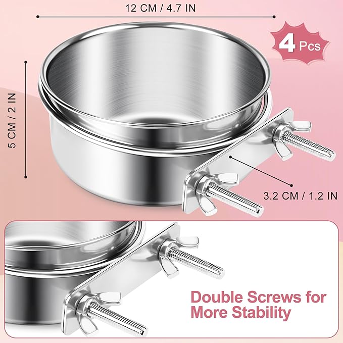 ToLanbbt 4 Pcs Stainless Steel Bird Food Bowls Water with Double Screws and Clamp Holders, Parrot Feeding Dish Cups Parrot Cage Coop Feeders for Cockatiel Conure Budgie Parakeet Macaw Small Animal, M