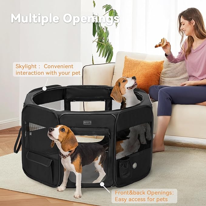 PETSFIT 36" Dog Playpen with Dual Zipper Doors –Sturdy Foldable Puppy Playpen for Medium Dogs with Removable Mesh Top and Leakproof Bottom
