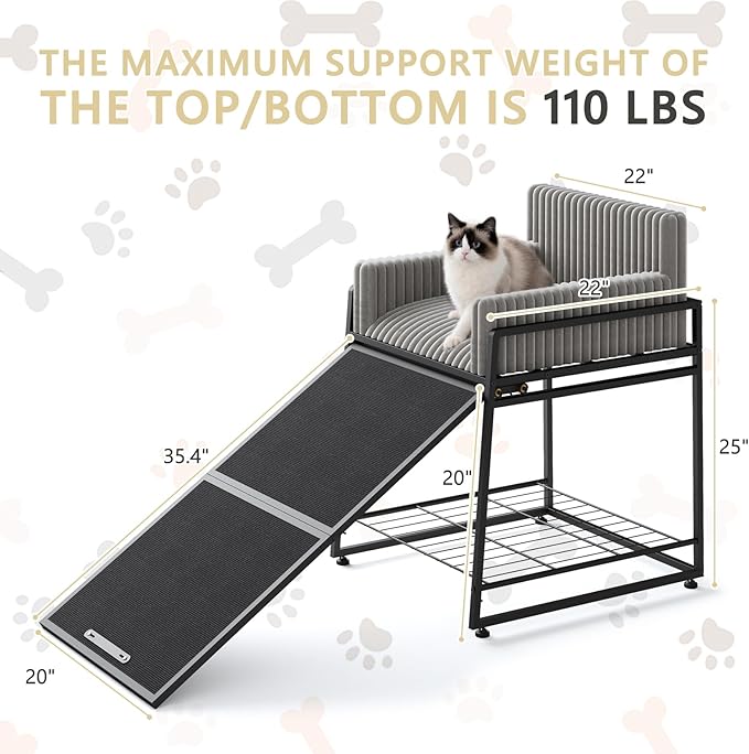 Pet Stairs Ramp with Seat,Dog Window Perch with Stairs and Storage,Dog Seat with Ramp Steps,Folding Pet Ramp for Dogs Cats,Bunk Bed Chair with Sofa Cushion for Bed Couch Office,Hold Up to 110 lbs
