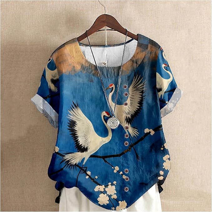 Japanese Print Women Summer Shirts Flower Bird Graphic Plus Size Tunic Tops Crewneck Short Sleeve Blouses