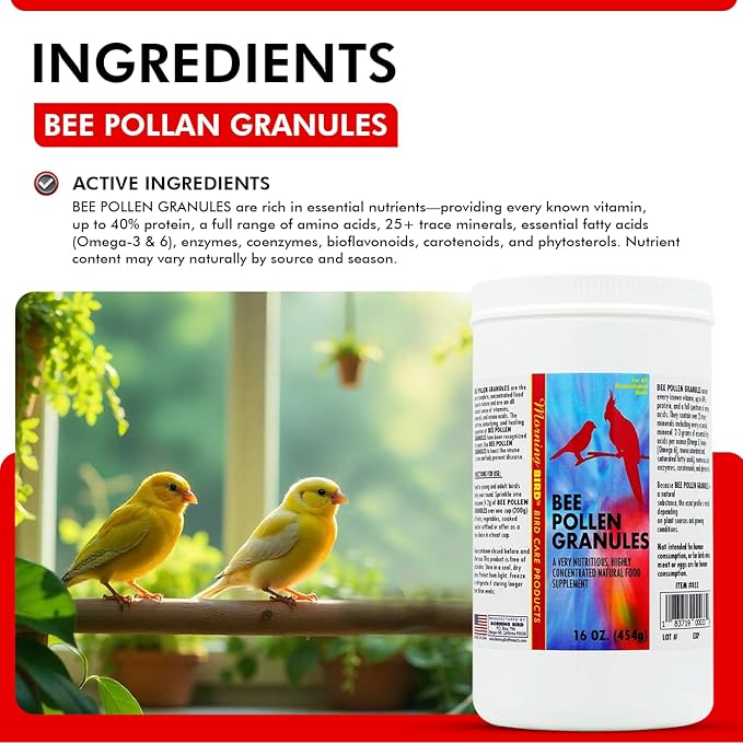Morning Bird Bee Pollen Granules 16 Oz – Naturally Immune Support & Protein Powder for Birds – Boosts Strength, Feather Health & Energy Supplements – Easy to Mix with Food for All Bird Types