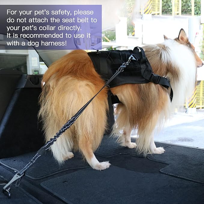 AUBELL Dog Seat Belt for Car,2 Pack Set 3-in-1 Adjustable Reflective Bungee Heavy Duty Dog Car Harness Tether with Clip Hook Latch & Buckle,Swivel Zinc Alloy Carabiner,Black+Black