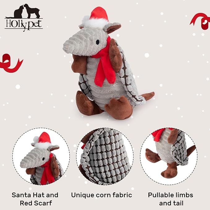 Hollypet Plush Dog Squeaky Toy Stuffed Armadillo Animal Pet Puppy Chew Toys with Clean Teeth for Small Medium Large All Breed Sizes Dogs, Christmas Gray, 8 in