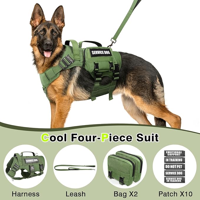WINSEE Tactical Dog Harness with Dog Leash, Service Working MOLLE Vest with 10 Pet Patches for Dog, No Pull Military Harness and Backpack for Training Hunting Walking