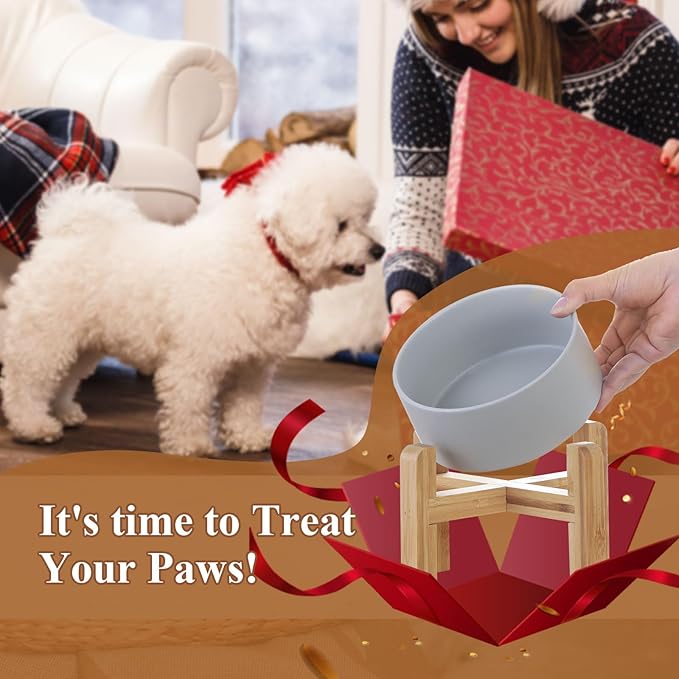 Ceramic Elevated Raised Cat Bowl with Wood Stand No Spill Pet Food Water Feeder Cats Small Dogs