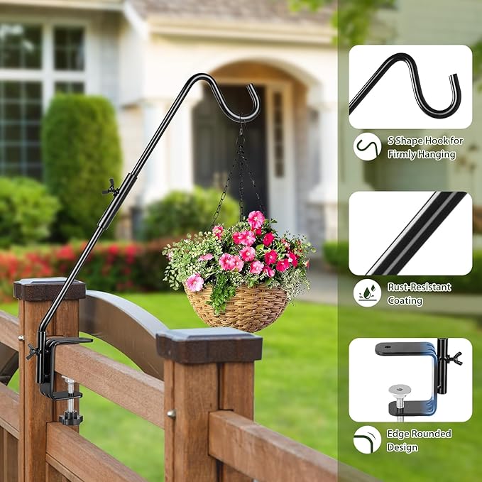 BOLITE Heavy Duty Deck Hook, 16 Inch Bird Feeder Hanger for Hummingbird Feeders, Planters, Lanterns, Wind Chimes, 360° Rotatable Arm, Black