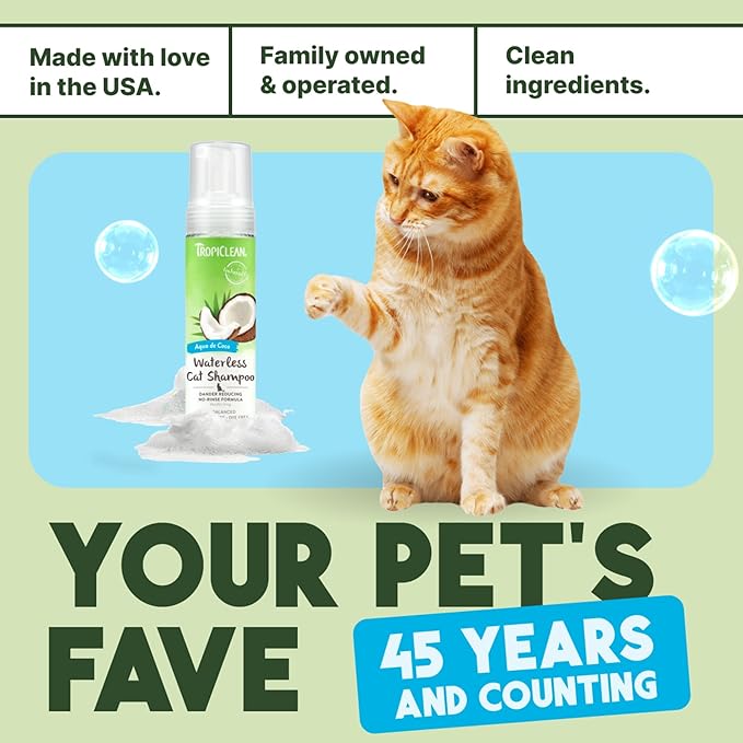 TropiClean No Rinse Waterless Cat Shampoo | Dandruff Treatment | Moisturizing Dry Shampoo for Dry Skin | USA Made | Aqua de Coco Scent | 7.4oz.