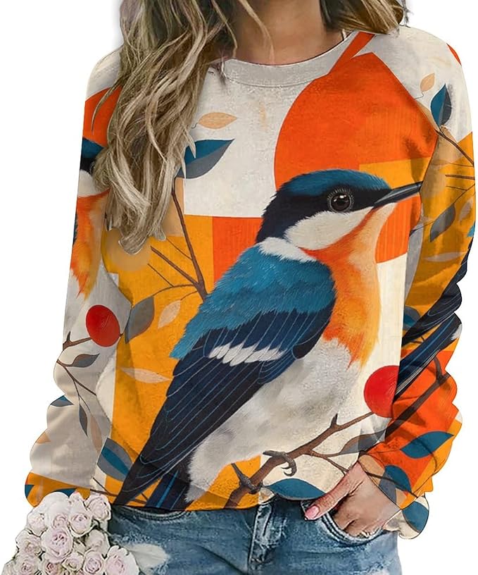 Womens Long Sleeve Tops Y2k Japanese Art Print Sweatshirts Fall Pullover for Women Crewneck Vintage Shirts Boho Tops