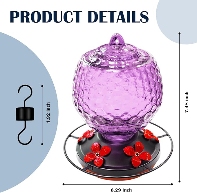 Glass Hummingbirds Feeder for Outdoors Hanging,25 OZ Humming Birds Feeder for Outdoors,Hummingbird Gifts(Purple)