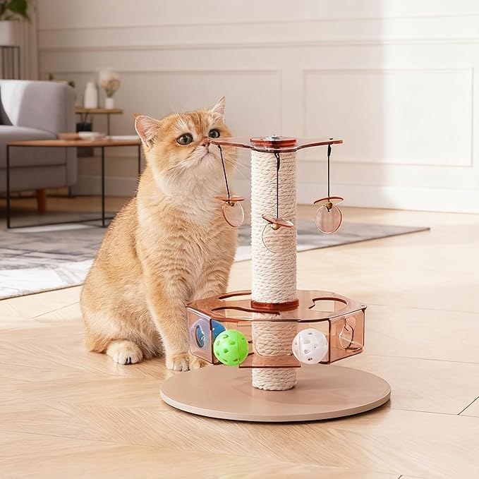 Modern 3-in-1 Interactive Cat Toy with Scratching Post, Rotating Cat Puzzle Toys for Indoor Cats with Colorful Jingle Balls, Spinning Teaser Disc with Dangling Toys, Acrylic, Pink