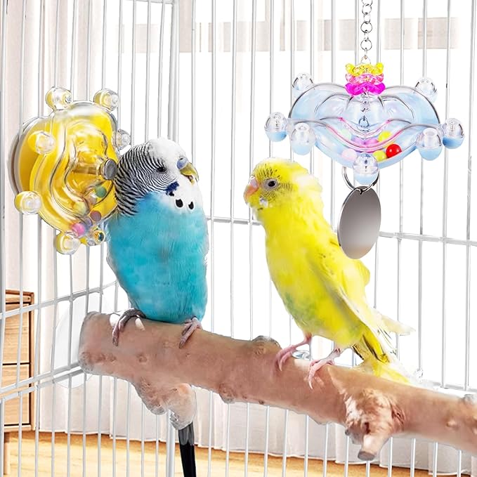 2Pcs Bird Spinner Hanging Toys for Parakeets, Interactive Wheel for Small Medium Parrots, Cockatiels, Conures - Rattle Chew Beak Exercise