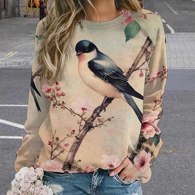 Womens Long Sleeve Tops Y2k Japanese Art Print Sweatshirts Fall Pullover for Women Crewneck Vintage Shirts Boho Tops