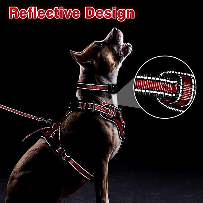 WINSEE Pet Harness Collar and Leash Set, All-in-one Reflective Dog Harness No Pull with Adjustable Buckles for Puppies, Small, Medium, Large, and Extra-Large Dogs (X-Large, Red)