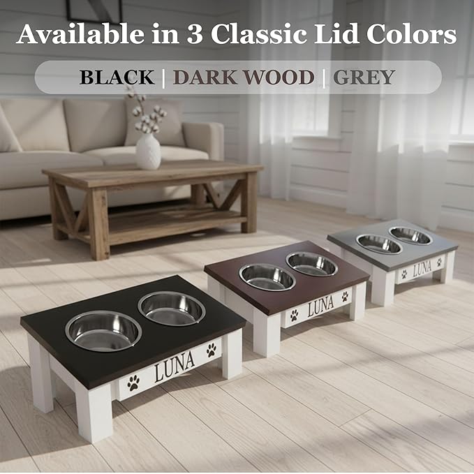 GrooveThis Woodshop Luxury Pet Feeder - Elevated Stand with Stainless Steel Bowls for Small Dogs & Cats, Anti-Slip, Easy Clean, Chic & Durable Design (Tilted, Black)
