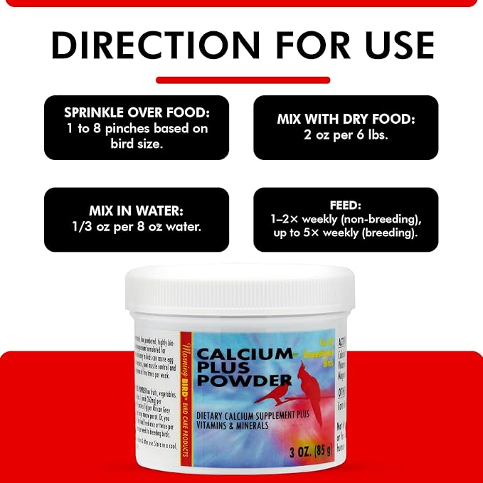 Morning Bird Calcium Plus Powder for Birds 3 oz – Calcium Supplement with Vitamin & Protein Powder – Supports Bone Health, Muscle Function & Digestive Balance – Easy-to-Mix Calcium Formula