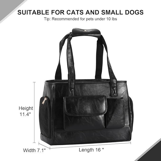 Dog Carrier Purse, Fashion Leather Pet Carrier Bag, Airline Approved Soft Sided Cat Travel Tote Bag with Pockets Black