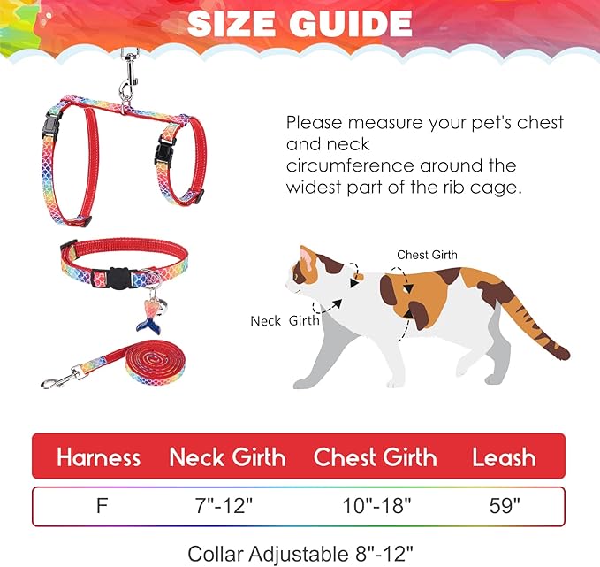 PAWCHIE Cat Harness with Leash and Collar Set - Escape Proof Adjustable Glow in The Dark Cat Harness for Kitty Outdoor Walking Multicolor