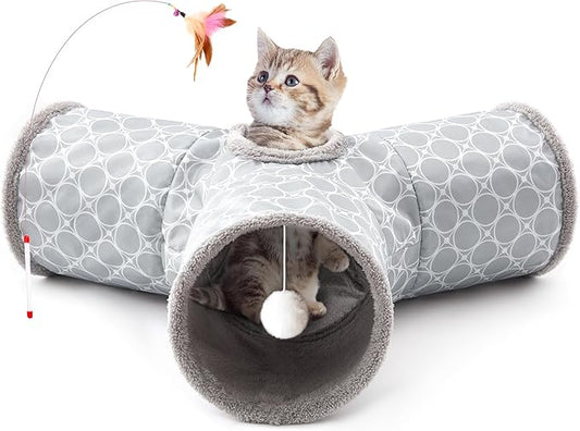 Tempcore Pet Cat Tunnel Tube Cat Toys 3 Way Collapsible, Cat Tunnels for Indoor Cats Fleece-Lined in for Warmth，Kitty Tunnel Bored Pet Toys Peek Hole Toy Ball Cat, Puppy, Kitten, Geometry Grey