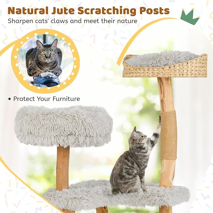 Tangkula Cat Tree Tower, Solid Wood Modern Cat Tower with Top Cattail Basket Bed, Side Perch, Large Platform & Cat Condo, Cute Cat Tree with Scratching Posts for Indoor Cats Large Adult