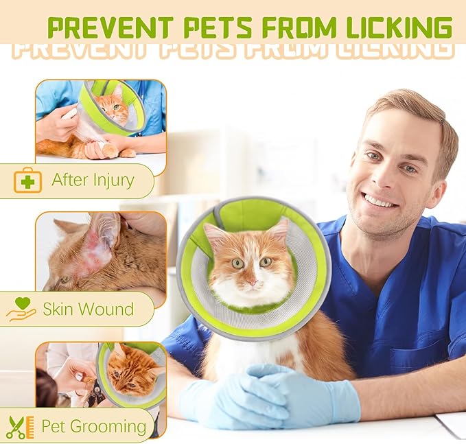 Breathable Air Mesh Cat Cone Collar Soft - Adjustable Recovery Collar to Stop Licking After Surgery, Foldable Lightweight E-Collar for Cats & Kittens (Green,S)