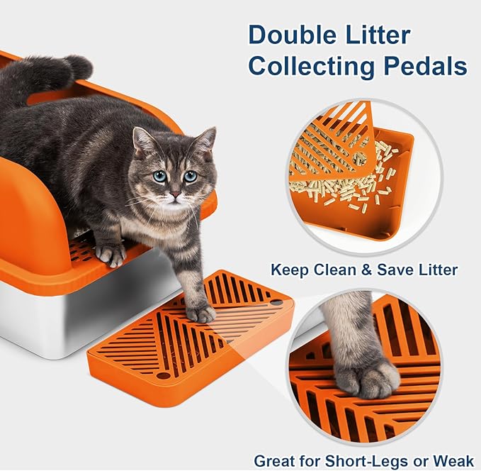 Enclosed Stainless Steel Litter Box with Lid Extra Large Litter Cat Box for Big Cats XL Metal Litter Pan Tray with High Sides Enclosure, Anti-Leakage, Easy Cleaning (Orange)
