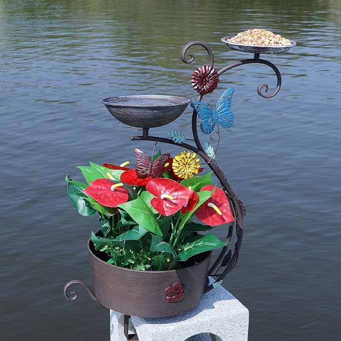 Deck Bird Bath, Bird Bath and Bird Feeder, Flower Planting Pedestal, Deck Mounted Bird Bath, for Garden Balcony Patio Deck Railing Decoration