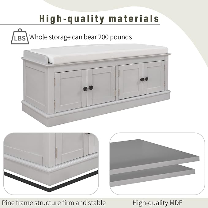 Storage Bench with 4 Doors and Adjustable Shelves, Shoe Bench with Removable Cushion for Living Room, Entryway 42.7" L x 16" W x 17.4" H (Gray Wash)