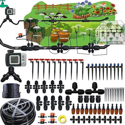 160Ft Drip Irrigation System with Water Timer for Garden, Main Water Hose ID 1/2inch 30Ft, 1/4in 130Ft, Sufficient Water Pressure, Irrigation Dripper Waterflow Evenly, Easy DIY Garden Watering System