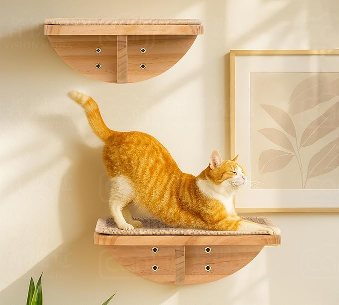 Cat Wall Shelves with Sisal Pads, 4-Piece Wooden Cats Furniture Set with Cat Window Perch, Flat Shelf & Sisal-Clad Steps for Climbing and Scratching