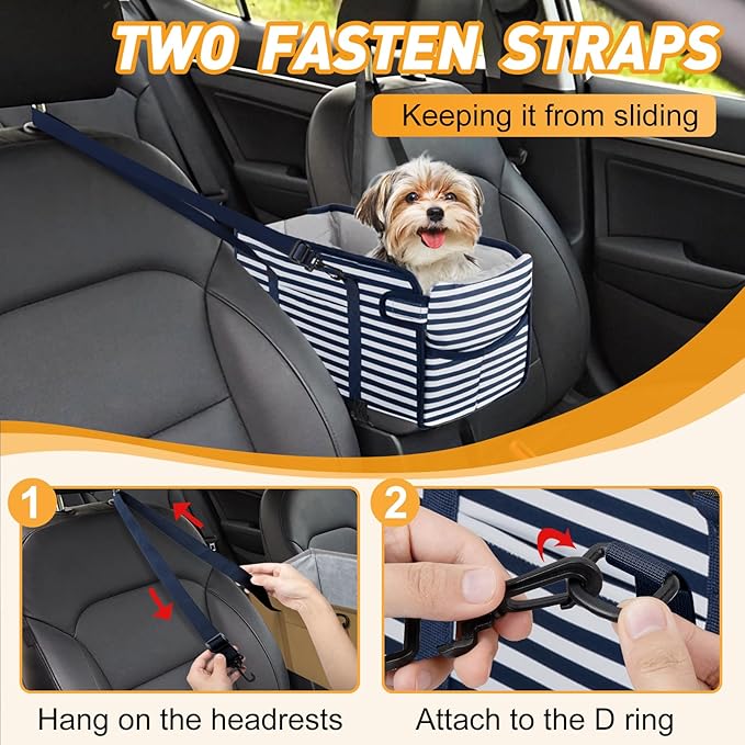Portable Dog Car Seat for Small Dogs - Adjustable Safety Leash, Washable Cushion & Storage Pocket - Pet Booster Seat for Car Travel- Blue Stripes