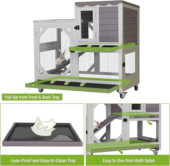 GUTINNEEN 2-Story Rabbit Hutch Indoor with Chew-Proof Design & Slide-Out Trays - Wooden Small Animal Cage Guinea Pig Cages with Lockable Wheels for 2-3 Rabbits, Bunnies, Guinea Pigs (Grey)