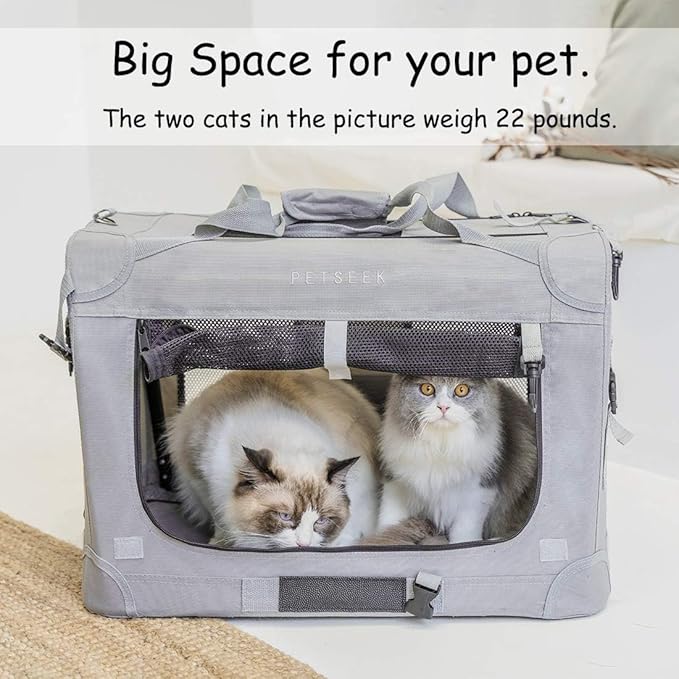 Extra Extra Large Cat Carrier Soft Sided, Portable Small Dog Carrier for 2 Cats, 24"x16.5"x16" Car Travel Folding Comfortable Design with Litter Box and Bowls, Grey+ Litter Box+ Bowl*2