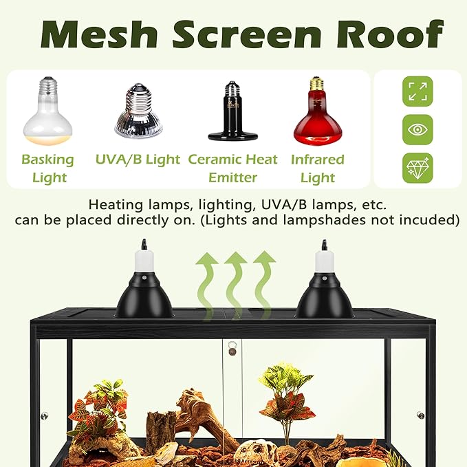 PROLEE Bearded Dragon Tank,81 Gallon Reptile Tank with Meatl Mesh Roof and Front Sliding Door, Anti-Scratch Lizard Tank,Spacious Reptile Enclosure for Snakes,Lguanas, Chameleons (Black)