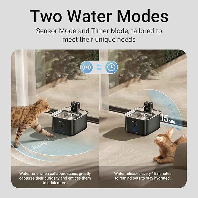 DownyPaws Cat Water Fountain Stainless Steel Cordless, 101 oz/3L FurSink Wireless Cat Water Dispenser for Pets, Battery Operated Pet Drinking Fountain with Motion Sensor, Easy Clean, Black