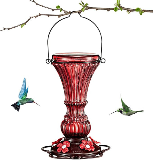 Glass Hummingbird Feeders for Outdoors Hanging Red Humming Bird Nectar Feeder with Perch, 20 Ounces Capactiy with 5 Plastic Flower Feeding Ports & Perches, Outsides Decor Garden