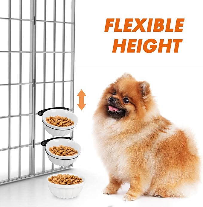 Dog Kennel Water Bowl, 2 Pack Ceramic Hanging Dog Crate Water Bowls No Spill, Removable Thick Tilted Cat Food/Water Bowls for Small Dogs, Cats, Rabbit, Guinea Pigs(5.7 * 2.4&4.7 * 2”)