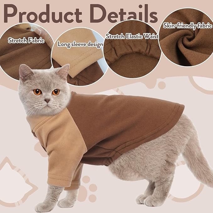 T'CHAQUE Cat Pajamas - Soft Cat Clothes& Shirts & Pajamas with Sleeves, Stretchy Sweater, Pullover Kitten Clothes, Darkbrown, Large