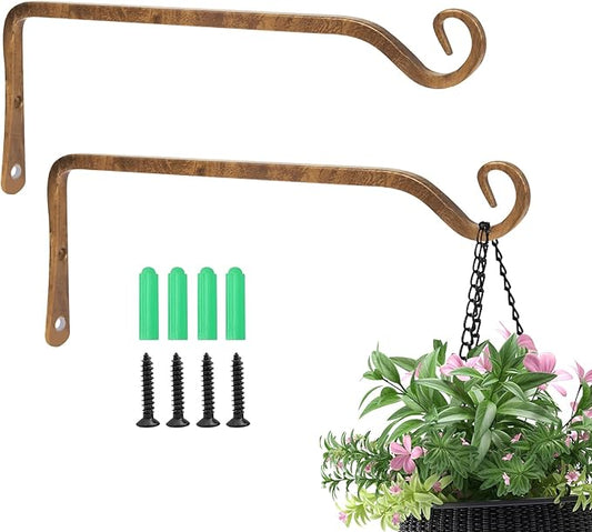 Jardim 2 Pack 10 Inch Premium Decorative Metal Iron Wall Hangers for Home Decor, Indoor Outdoor Plant Bracket Rustic Hanging Gardening Hooks for Planters, Bird Feeders, Lanterns, Wind Chimes (Coffee)