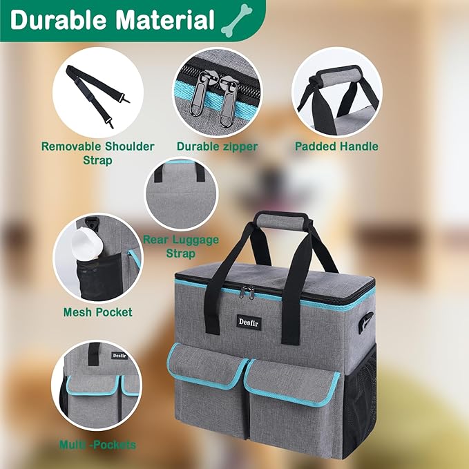 Large Pet Travel Bag Organizer - Dog & Cat Tote with Food Containers, Bowls, Feeding Mat, Perfect for Camping, Hiking (Multi-Pocket Design)