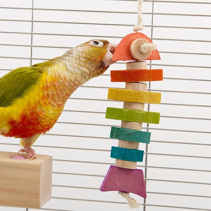Bird Toys & Bird Perch, Bird Wooden Block Chewing Toy Parrot Foraging & Puzzle Toys Bird Cage Accessories for Conures Parakeets Cockatiels Lovebirds African Grey Macaws (Colorful Fish)