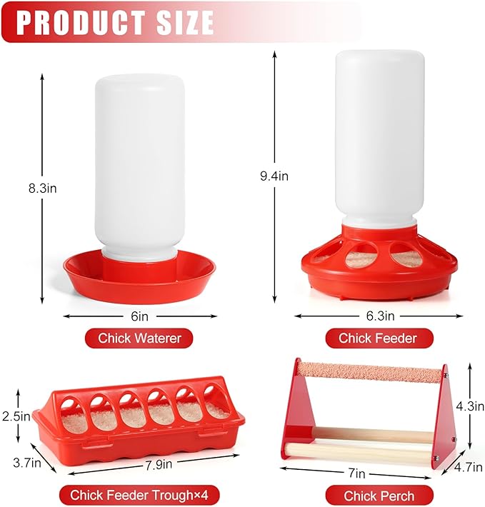 7PCS Chick Feeder and Waterer Kit with Wooden Perch,Baby Poultry Starter Set with Chick Perch for Small Poultry Chicks Ducks Quail Pigeons Birds(Red Chick Feeder Waterer Kit)